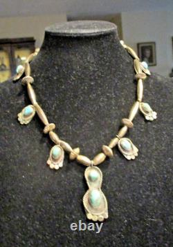 17.5 MARVELOUS! OLD Navajo Sterling Silver Turquoise BLOSSOM Bead Necklace