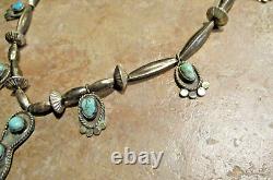 17.5 MARVELOUS! OLD Navajo Sterling Silver Turquoise BLOSSOM Bead Necklace