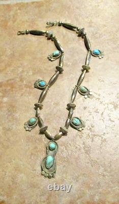 17.5 MARVELOUS! OLD Navajo Sterling Silver Turquoise BLOSSOM Bead Necklace