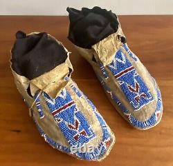 1800's Native American Sioux Indian Great Plains Buffalo Hide Beaded Moccasins