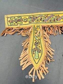 1920's Native American Beaded Hide Belt With Four Decorated Fringed Tassels