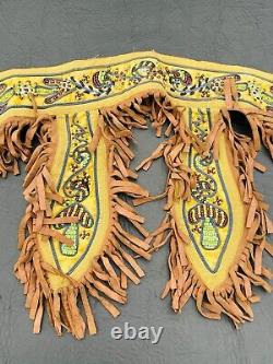 1920's Native American Beaded Hide Belt With Four Decorated Fringed Tassels