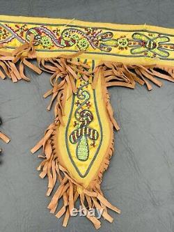 1920's Native American Beaded Hide Belt With Four Decorated Fringed Tassels