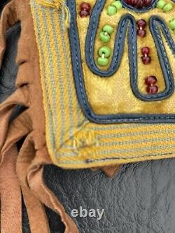 1920's Native American Beaded Hide Belt With Four Decorated Fringed Tassels