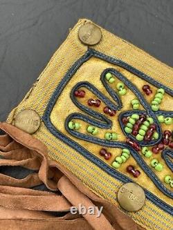 1920's Native American Beaded Hide Belt With Four Decorated Fringed Tassels