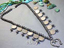 1940s+ NAVAJO Coin Silver MERCURY DIME Fluted Beads 26 SQUASH BLOSSOM Necklace