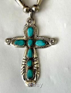 1970s Horace Iule Signed, Silver & Turquoise Cross, Bench Bead Necklace 50 Grams