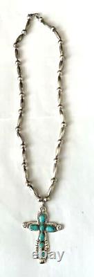 1970s Horace Iule Signed, Silver & Turquoise Cross, Bench Bead Necklace 50 Grams