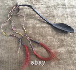 19th C Native American Plains Carved Horn Spoon Quilled Brass Beads & Tin Cones