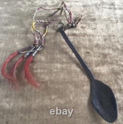 19th C Native American Plains Carved Horn Spoon Quilled Brass Beads & Tin Cones