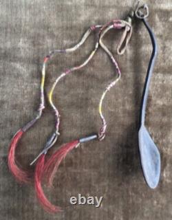 19th C Native American Plains Carved Horn Spoon Quilled Brass Beads & Tin Cones