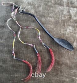 19th C Native American Plains Carved Horn Spoon Quilled Brass Beads & Tin Cones
