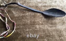 19th C Native American Plains Carved Horn Spoon Quilled Brass Beads & Tin Cones