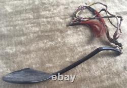 19th C Native American Plains Carved Horn Spoon Quilled Brass Beads & Tin Cones