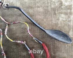 19th C Native American Plains Carved Horn Spoon Quilled Brass Beads & Tin Cones