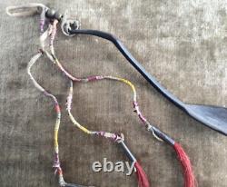 19th C Native American Plains Carved Horn Spoon Quilled Brass Beads & Tin Cones