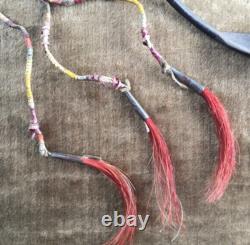 19th C Native American Plains Carved Horn Spoon Quilled Brass Beads & Tin Cones