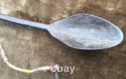 19th C Native American Plains Carved Horn Spoon Quilled Brass Beads & Tin Cones