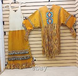 2 Pc. Large Beaded Fringed Tin Cones Native American Indian Gold Buckskin Dress