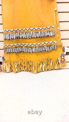 2 Pc. Large Beaded Fringed Tin Cones Native American Indian Gold Buckskin Dress