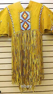 2 Pc. Large Beaded Fringed Tin Cones Native American Indian Gold Buckskin Dress