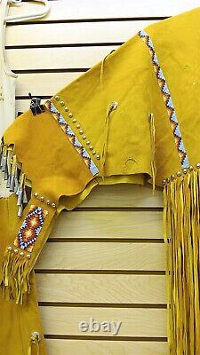 2 Pc. Large Beaded Fringed Tin Cones Native American Indian Gold Buckskin Dress