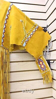 2 Pc. Large Beaded Fringed Tin Cones Native American Indian Gold Buckskin Dress