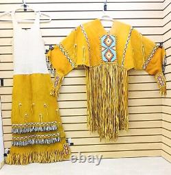 2 Pc. Large Beaded Fringed Tin Cones Native American Indian Gold Buckskin Dress