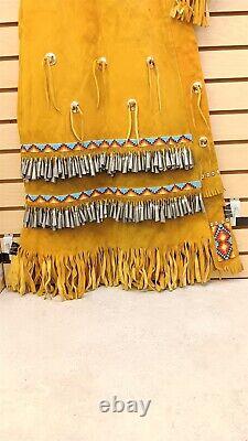 2 Pc. Large Beaded Fringed Tin Cones Native American Indian Gold Buckskin Dress