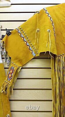 2 Pc. Large Beaded Fringed Tin Cones Native American Indian Gold Buckskin Dress