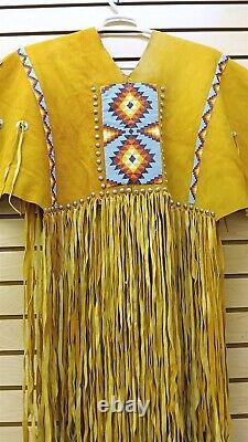 2 Pc. Large Beaded Fringed Tin Cones Native American Indian Gold Buckskin Dress