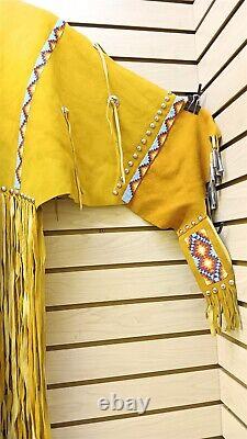 2 Pc. Large Beaded Fringed Tin Cones Native American Indian Gold Buckskin Dress