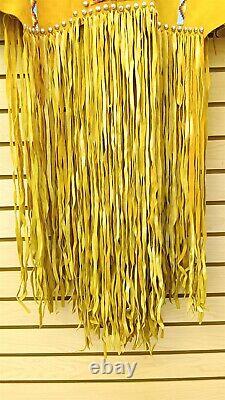 2 Pc. Large Beaded Fringed Tin Cones Native American Indian Gold Buckskin Dress