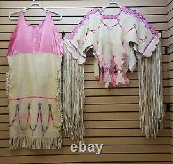 2 Piece Large Hand Crafted Pink Cut Beaded Native American Indian Buckskin Dress