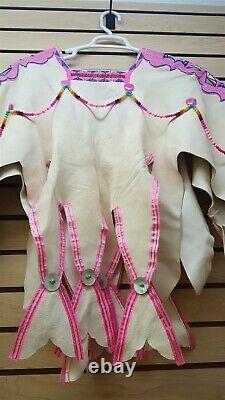 2 Piece Large Hand Crafted Pink Cut Beaded Native American Indian Buckskin Dress