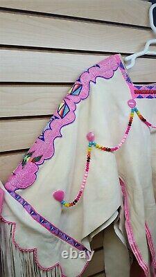 2 Piece Large Hand Crafted Pink Cut Beaded Native American Indian Buckskin Dress