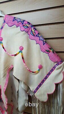 2 Piece Large Hand Crafted Pink Cut Beaded Native American Indian Buckskin Dress