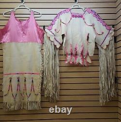 2 Piece Large Hand Crafted Pink Cut Beaded Native American Indian Buckskin Dress