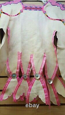 2 Piece Large Hand Crafted Pink Cut Beaded Native American Indian Buckskin Dress