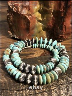 22 Turquoise Disc, Navajo Silver 925 Bench Bead Necklace 52.7 Gr