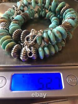 22 Turquoise Disc, Navajo Silver 925 Bench Bead Necklace 52.7 Gr