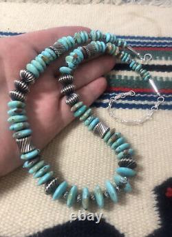 22 Turquoise Disc, Navajo Silver 925 Bench Bead Necklace 52.7 Gr