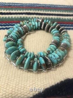 22 Turquoise Disc, Navajo Silver 925 Bench Bead Necklace 52.7 Gr