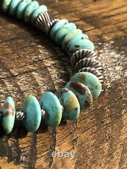 22 Turquoise Disc, Navajo Silver 925 Bench Bead Necklace 52.7 Gr