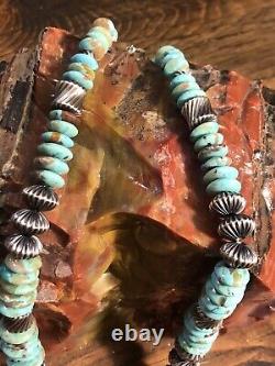 22 Turquoise Disc, Navajo Silver 925 Bench Bead Necklace 52.7 Gr