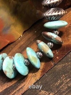 22 Turquoise Disc, Navajo Silver 925 Bench Bead Necklace 52.7 Gr