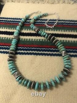 22 Turquoise Disc, Navajo Silver 925 Bench Bead Necklace 52.7 Gr