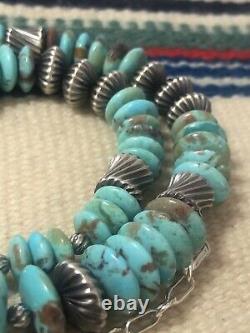 22 Turquoise Disc, Navajo Silver 925 Bench Bead Necklace 52.7 Gr