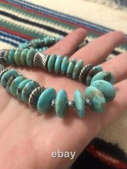 22 Turquoise Disc, Navajo Silver 925 Bench Bead Necklace 52.7 Gr