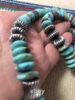 22 Turquoise Disc, Navajo Silver 925 Bench Bead Necklace 52.7 Gr